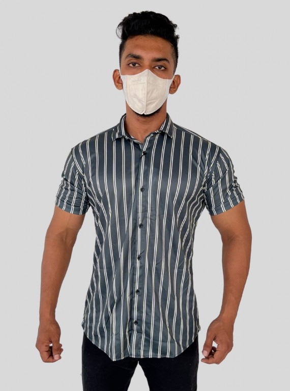 Men’s Green Vertical Striped Printed Poly Shirt – Trendy Slim Fit Casual by Boer & Fitch