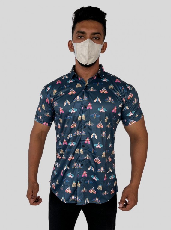 Men’s Navy Butterfly Printed Poly Shirt – Stylish Casual Slim Fit by Boer & Fitch