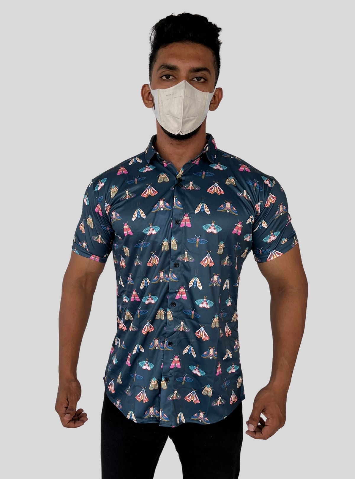 Men’s Navy Butterfly Printed Poly Shirt – Stylish Casual Slim Fit by Boer & Fitch