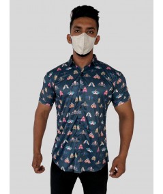 Men’s Navy Butterfly Printed Poly Shirt – Stylish Casual Slim Fit by Boer & Fitch