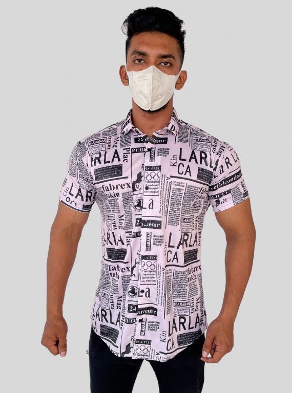 Men’s White Newspaper Print Poly Shirt – Trendy Slim Fit Casualwear by Boer & Fitch