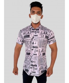 Men’s White Newspaper Print Poly Shirt – Trendy Slim Fit Casualwear by Boer & Fitch