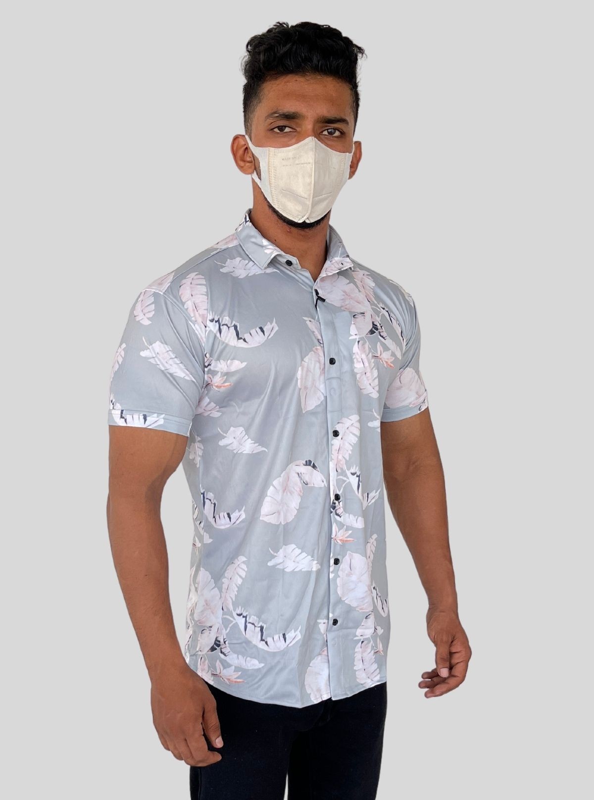 Men’s Light Grey Distressed Print Shirt in Polyester Spun | Boer & Fitch