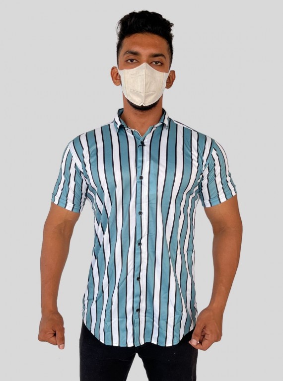 Men’s Turquoise Striped Print Shirt in Polyester Spun | Boer & Fitch