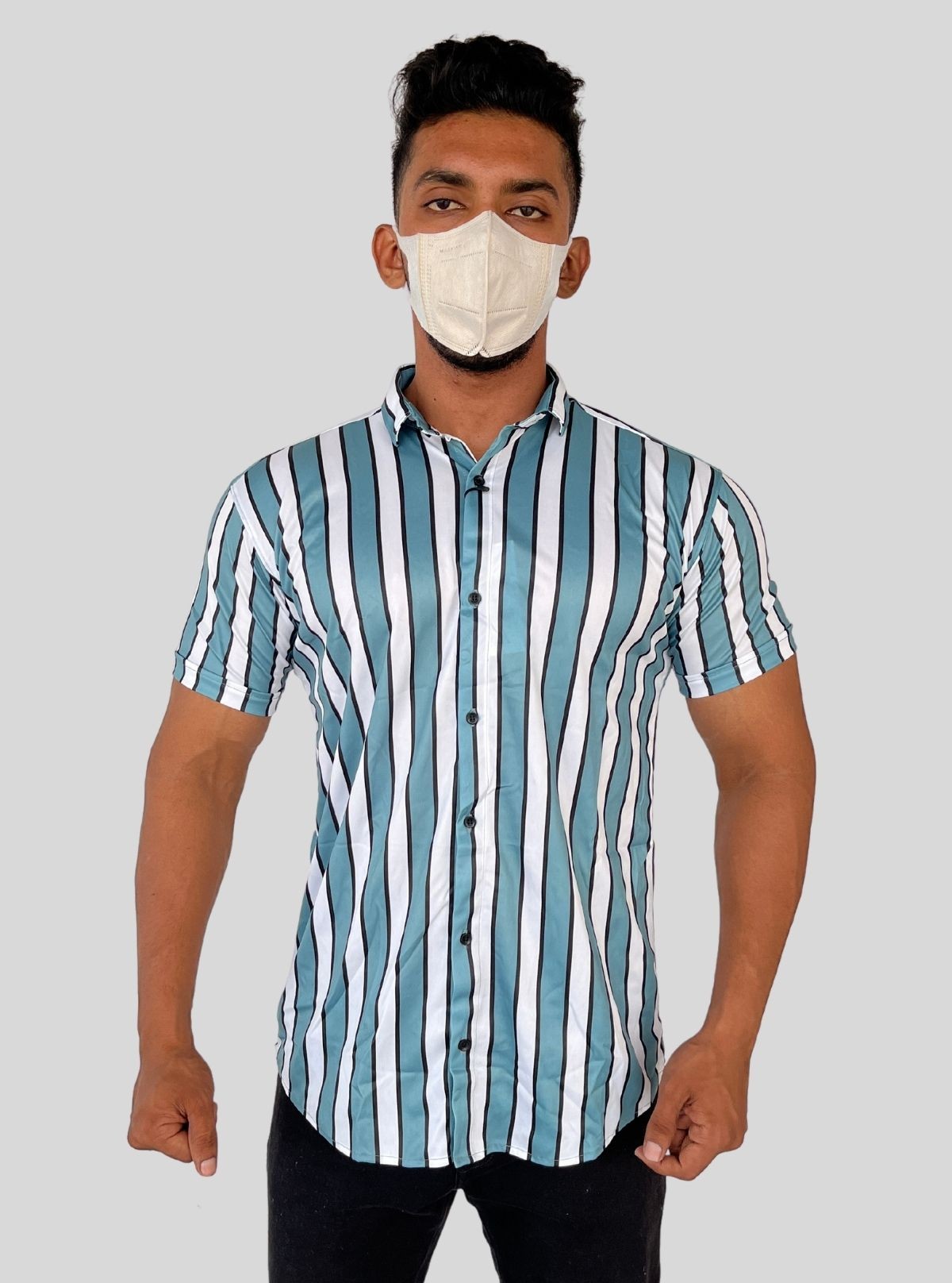 Men’s Turquoise Striped Print Shirt in Polyester Spun | Boer & Fitch