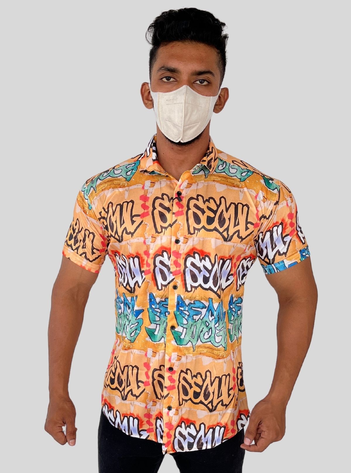 Men’s Yellow Seoul Graphic Print Shirt in Polyester Spun | Boer & Fitch