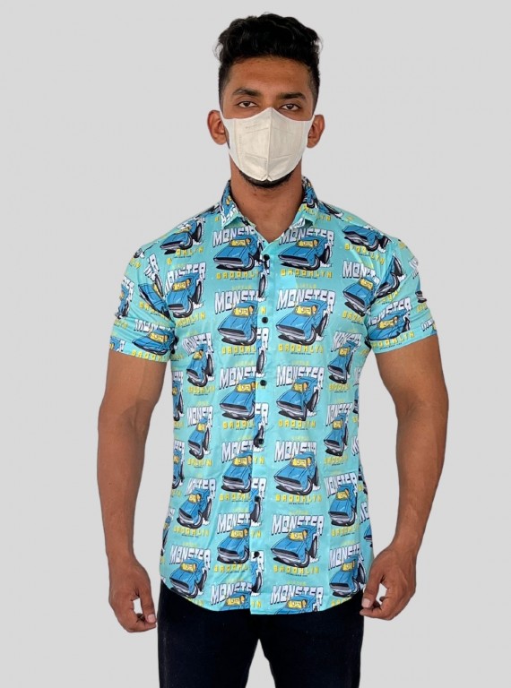 Men’s Blue Shirt with All-Over Car Graphic Print | Boer & Fitch