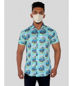 Men’s Blue Shirt with All-Over Car Graphic Print | Boer & Fitch