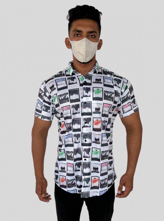 Men’s Squared Print Short Sleeve Shirt in Soft Poly Spun Fabric