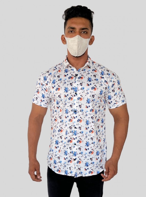 Men’s Multi-Color Floral Print White Short Sleeve Shirt