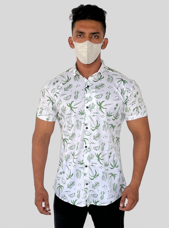 Men’s White Short Sleeve Shirt with Green Tree Print | Boer & Fitch