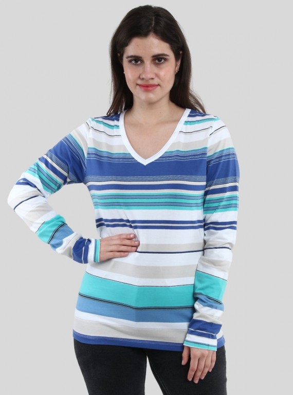 Women's White and Blue Striped Cotton Jersey Long Sleeve Top