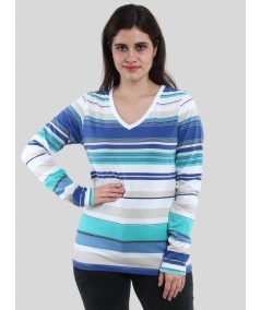 Women's White and Blue Striped Cotton Jersey Long Sleeve Top