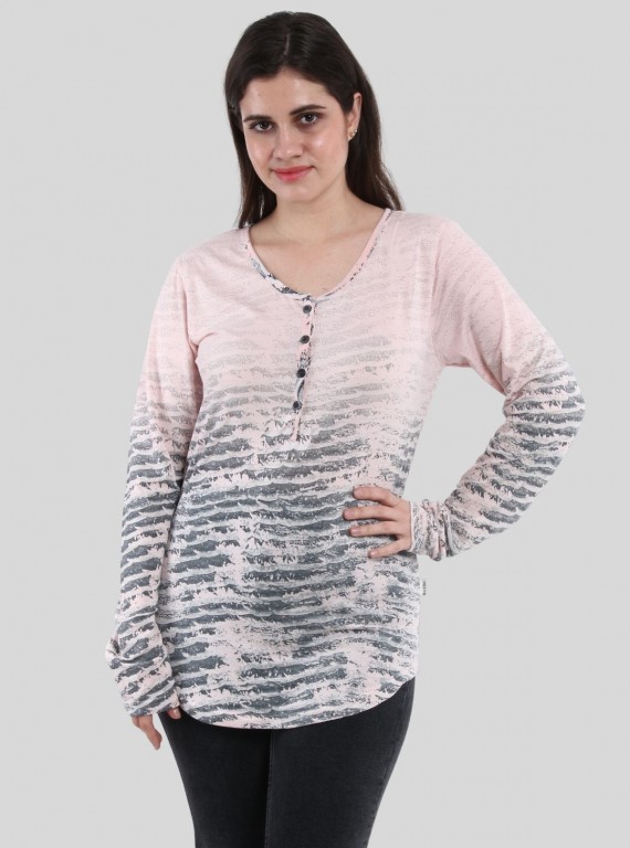 Women's Pink Printed Button-Front Long Sleeve Cotton Blend Knit Top