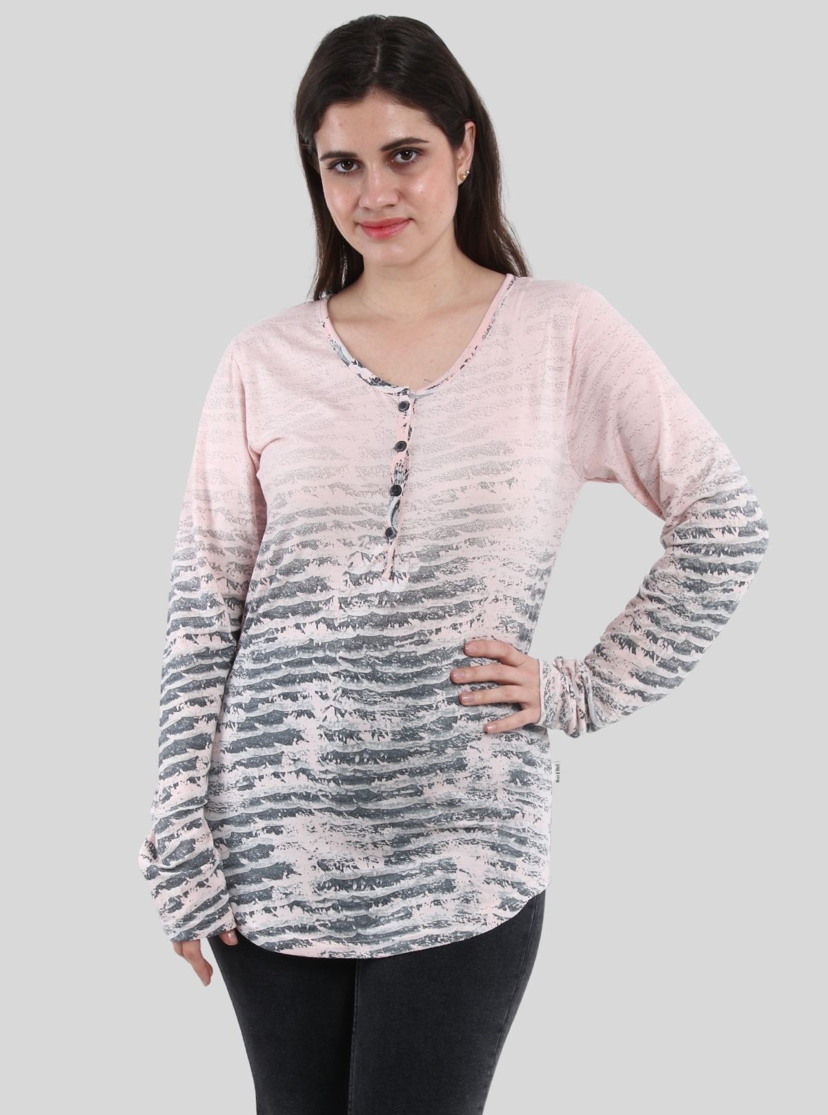 Women's Pink Printed Button-Front Long Sleeve Cotton Blend Knit Top