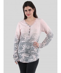 Women's Pink Printed Button-Front Long Sleeve Cotton Blend Knit Top