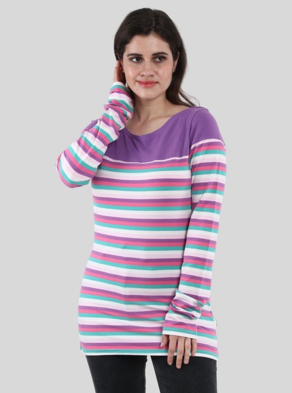 Women's Purple Scoop Neck Striped Panel Long Sleeve Top – Cotton Jersey