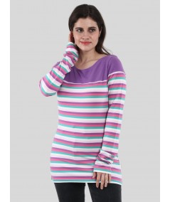 Women's Purple Scoop Neck Striped Panel Long Sleeve Top – Cotton Jersey
