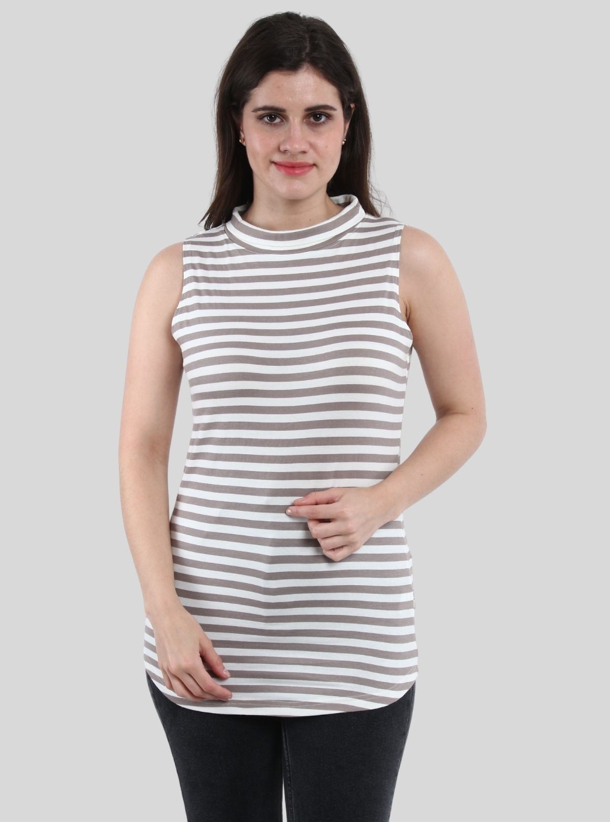 Grey Stripe High Neck TShirt