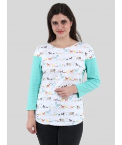 Women’s Turquoise Animal Print Long Sleeve Scoop Neck Top – Cotton Rib Knit