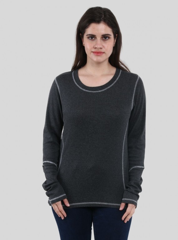 Women's Charcoal Melange Fancy Long Sleeve Ribbed Cotton Top