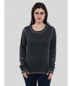 Women's Charcoal Melange Fancy Long Sleeve Ribbed Cotton Top