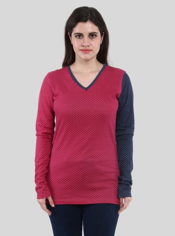 Women's Contrast Polka Print Long Sleeve Cotton Jersey Top