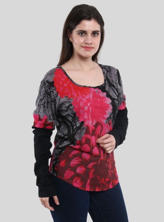 Women's Red Rose Printed Long Sleeve Top in Cotton Blend | Boer & Fitch