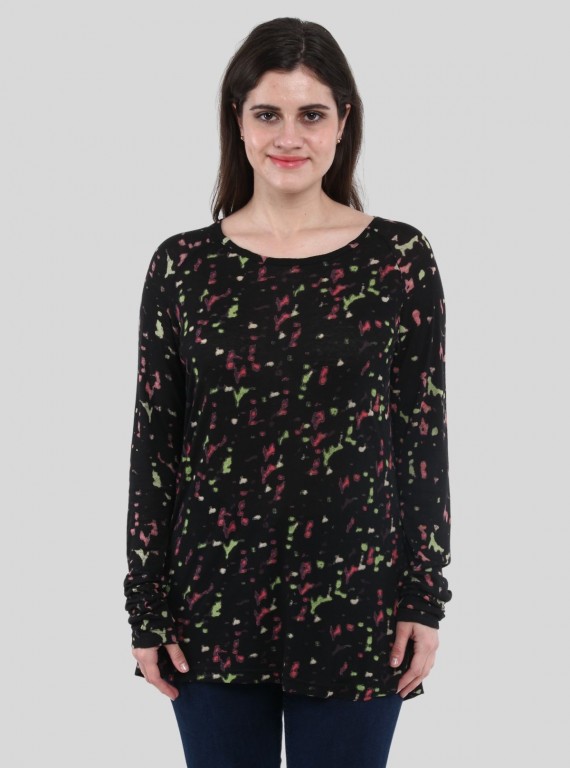 Women's Distressed Multicolor All-Over Print Cotton Blend Knit Top