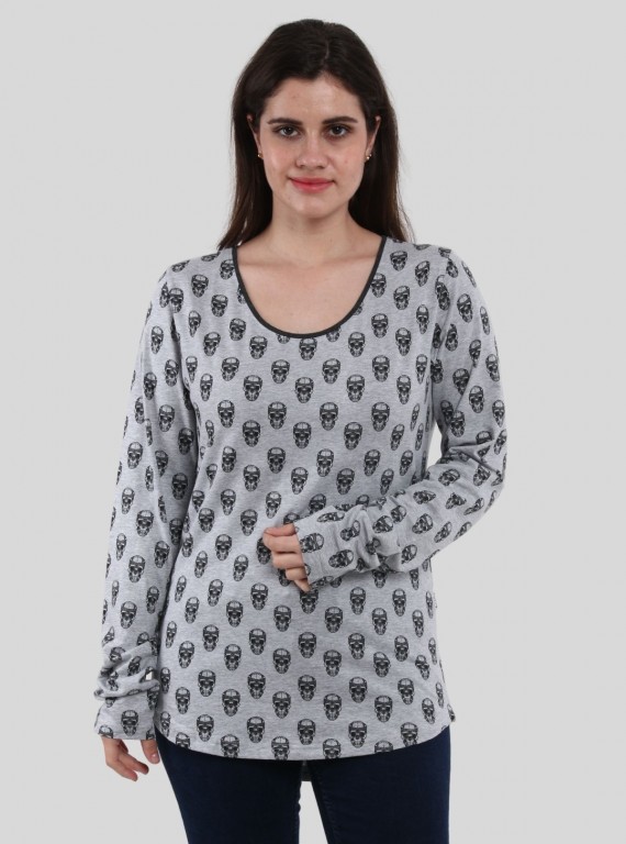 Women's Grey Melange Skull Print Long Sleeve Cotton Blend Knit Top