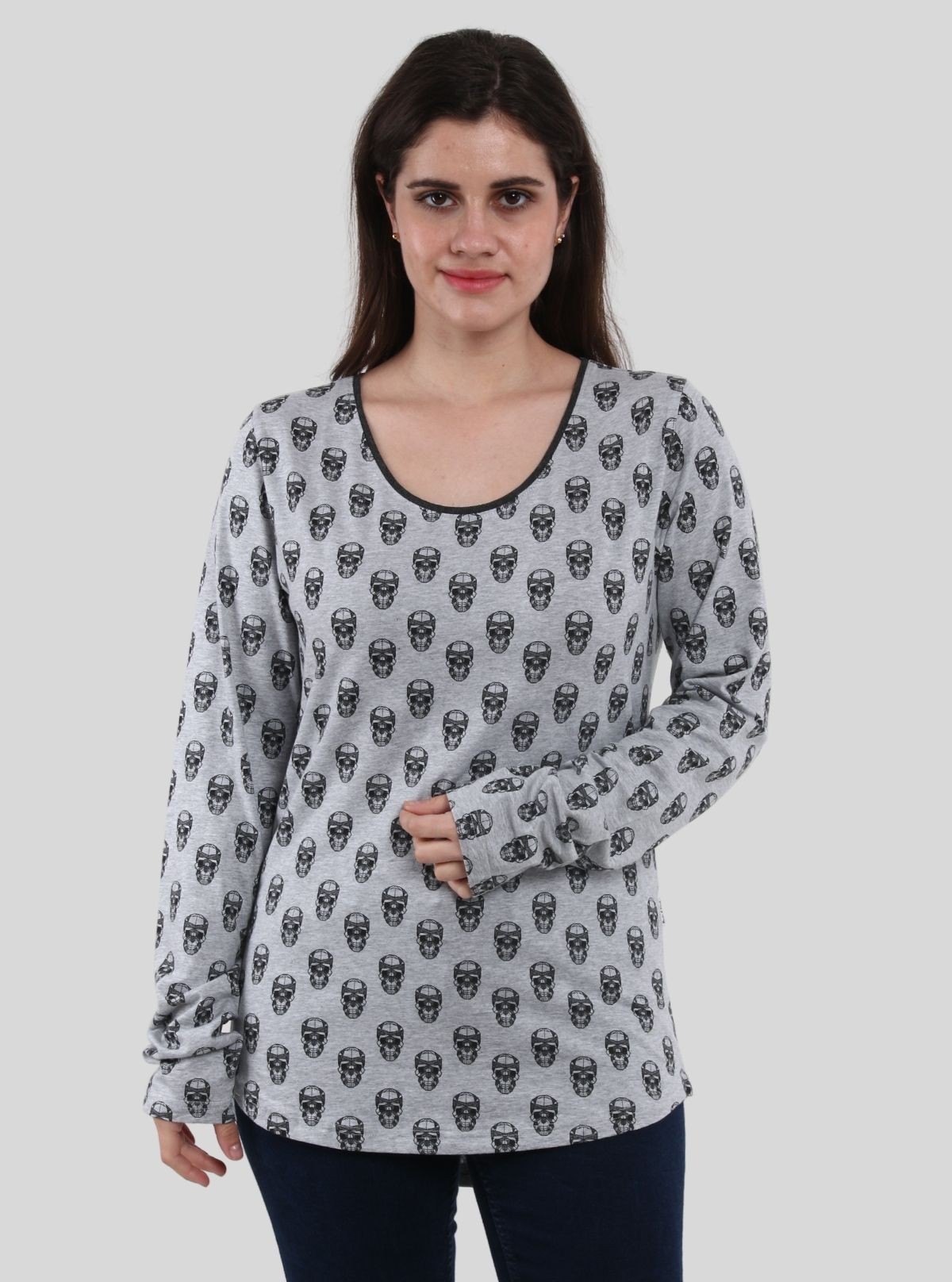Women's Grey Melange Skull Print Long Sleeve Cotton Blend Knit Top