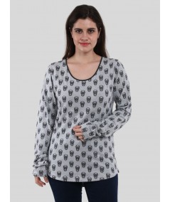Women's Grey Melange Skull Print Long Sleeve Cotton Blend Knit Top