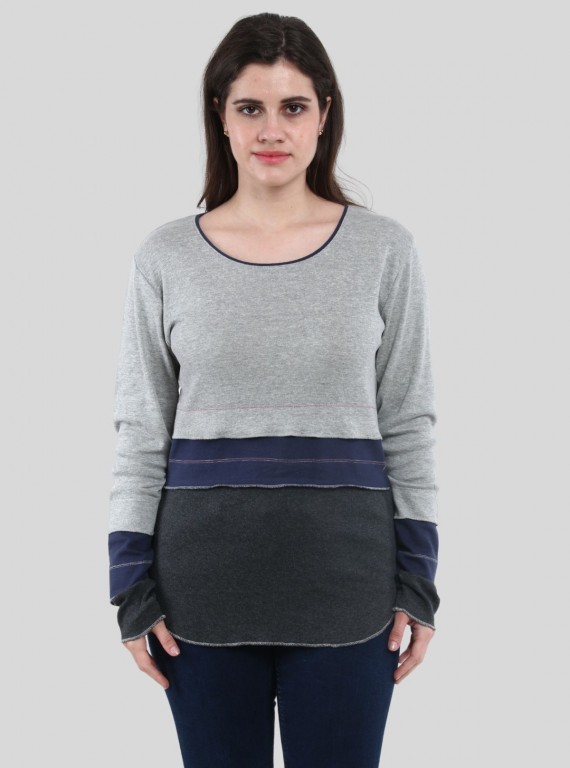 Women’s Grey Melange Scoop Neck Cut and Sew Long Sleeve Top – Cotton Rib Knit by Boer & Fitch