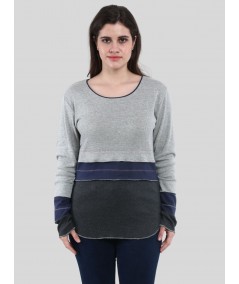 Women’s Grey Melange Scoop Neck Cut and Sew Long Sleeve Top – Cotton Rib Knit by Boer & Fitch