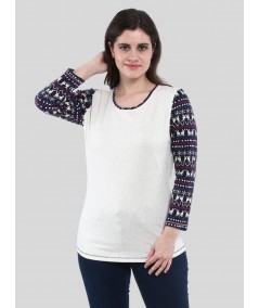 Women’s White Melange Scoop Neck Deer Print Top with Long Sleeves – Cotton Rib Knit