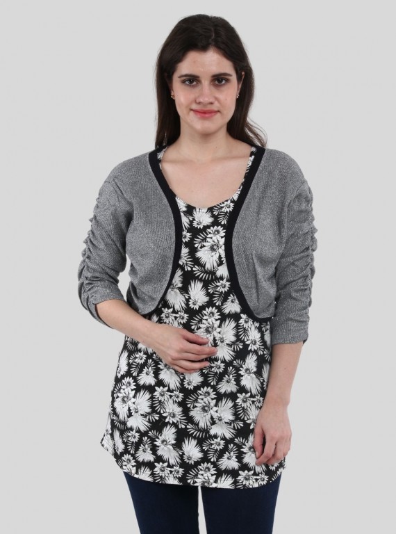 Women's Lurex Overcoat with Floral Printed Inner in Cotton Feather Fabric
