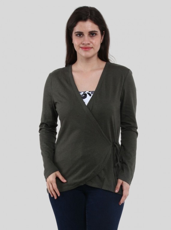 Women's Dark Green Front Knot Shrug in 100% Cotton Feather Touch Fabric