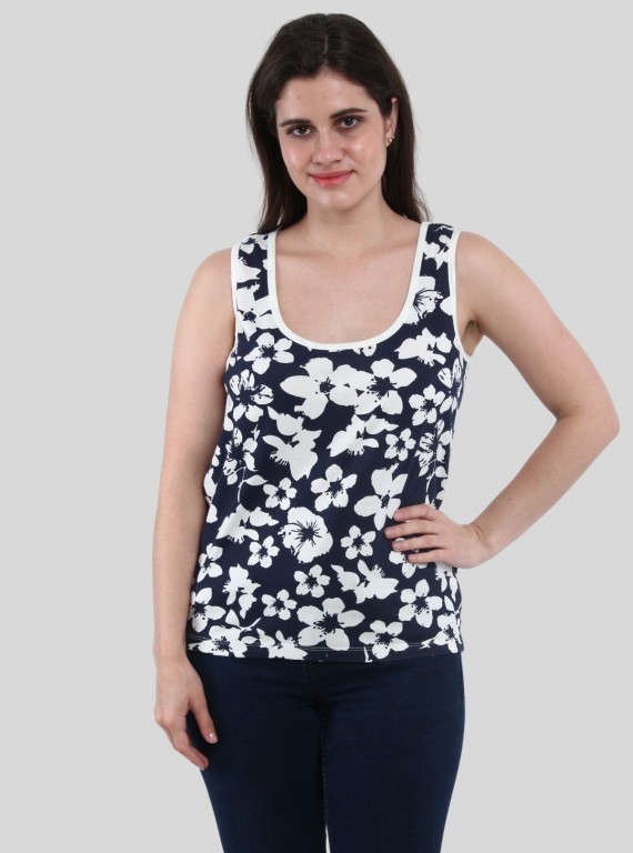 Women’s Navy Floral Sleeveless Top – Elegant Cotton Jersey by Boer and Fitch