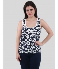 Women’s Navy Floral Sleeveless Top – Elegant Cotton Jersey by Boer and Fitch