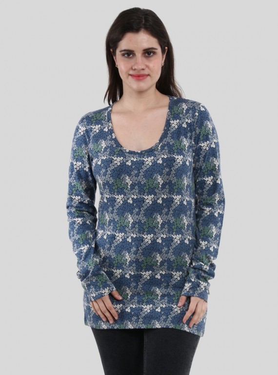 Women's Blue Multi-Color Floral Print Long Sleeve Cotton Jersey Top