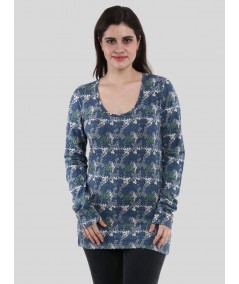 Women's Blue Multi-Color Floral Print Long Sleeve Cotton Jersey Top