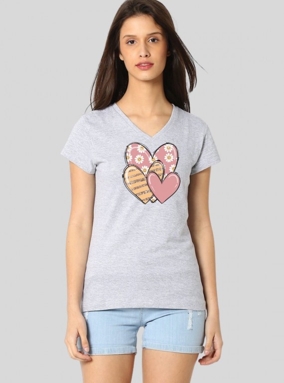 Women’s White Melange V-Neck Multi-Heart Printed Short Sleeve Cotton Jersey T-Shirt by Boer and Fitch