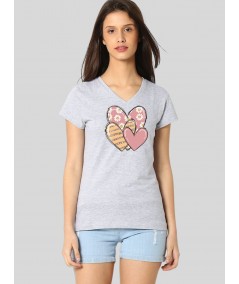 Women’s White Melange V-Neck Multi-Heart Printed Short Sleeve Cotton Jersey T-Shirt by Boer and Fitch