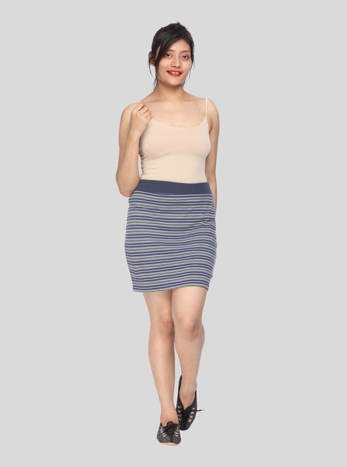 Women's Grey Striped Cotton Jersey Skirt – Casual Comfort with Chic Appeal