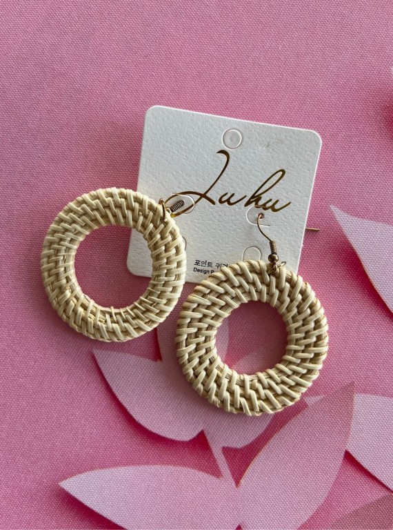 Wooden Straw Weave Round Earring