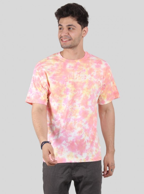 Men’s Pink and Yellow Tie and Dye T‑Shirt – Vibrant Cotton Streetwear Tee