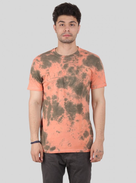 Men’s Green and Peach Tie and Dye Crew Neck T-Shirt – Vibrant Everyday Style