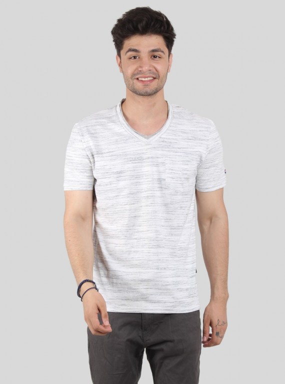 Men's Tinted White Slub V-Neck T-Shirt – Designer Texture & Modern Fit