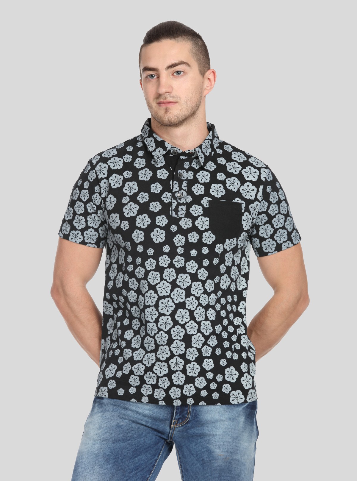 Men’s Floral Stamp Polo T-Shirt with Patch Pocket – Stylish, Fresh & Versatile