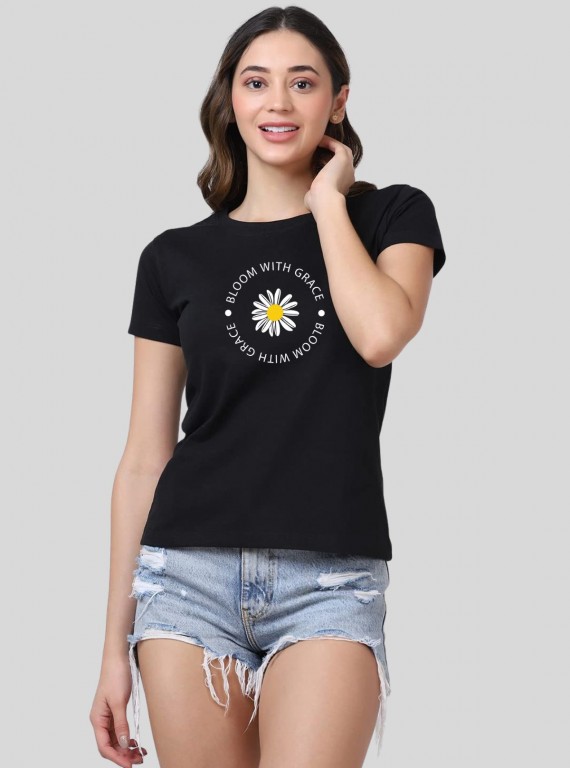 Women's Black Crew Neck "Bloom with Grace" Print Cotton Jersey Short Sleeve T-Shirt by Boer and Fitch
